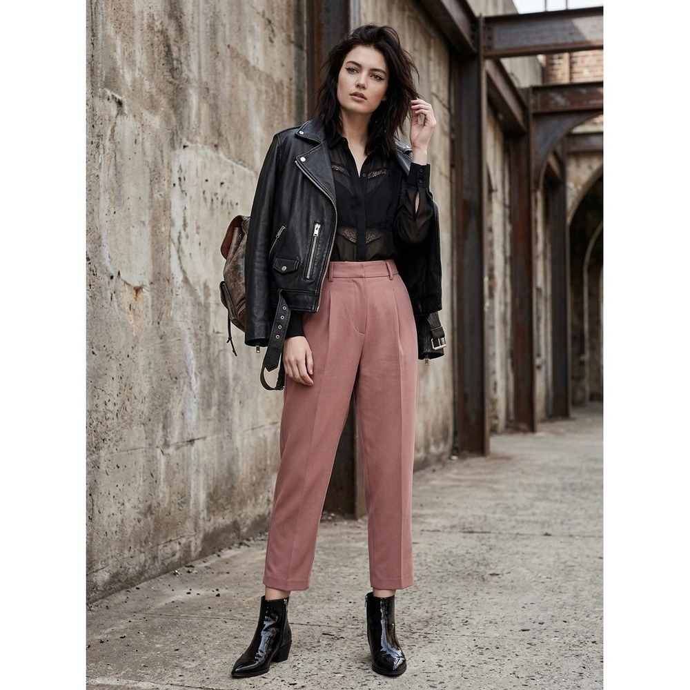 AllSaints Aleida Tri Trousers Pink Pleated Tapered Ankle Pants US 12 WT023X